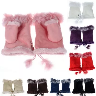 Women Warmer Fingerless Gloves Half Finger Faux Rabbit Fur Wrist Mitten Winter • $12.21