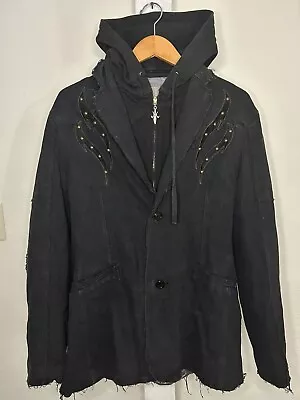 ROAR Mens L Hooded Blazer Jacket Black Embroidered Elbow Patches Cross Heritage • $44.95