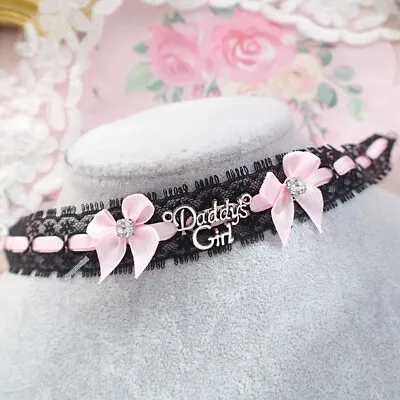 Daddys Girl Tag Black Lace Choker Necklace Baby Pink Little Bow  Cute Kawaii  • $19.79