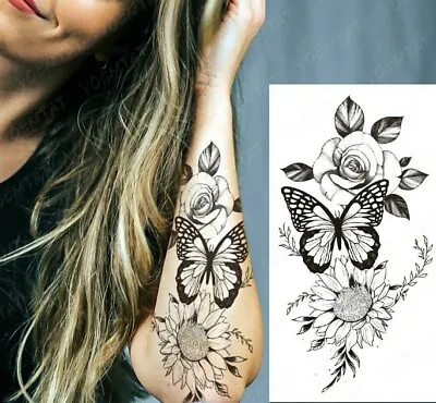 £2.99 • Buy Black Butterfly & Flowers Temporary Tattoo Fake Press Sticker Women Mens Sleeve