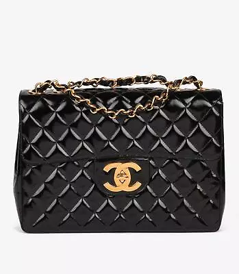 Chanel Black Quilted Patent Leather Vintage Jumbo XL Classic Single Flap Bag • £4499