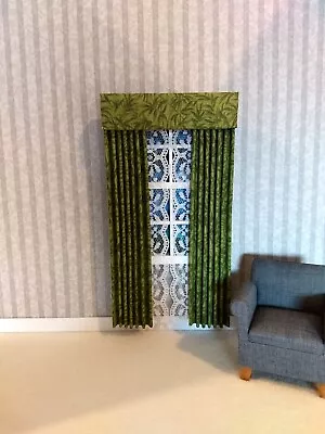 Avocado Green Print Dollhouse Curtains 1:12 Scale • $12.49