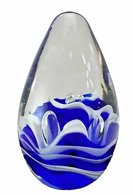 EGG SHAPED GLASS PAPER WEIGHT Controlled Bubble Blue Marble Swirls Large 5  • $29.97