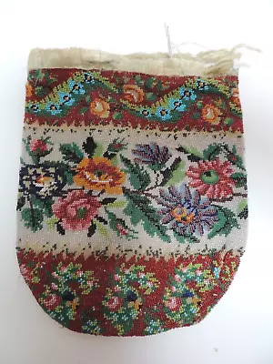 Antique Victorian Micro Beaded Reticule DrawString Purse Bag Floral AS IS Estate • $85