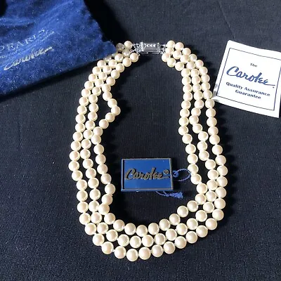 Vintage Carolee 3 Strand Faux Pearl Necklace 16  To 18  Choker -Rhinestone Clasp • $48
