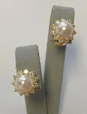 Pair MIKIMOTO 18K Yellow Gold Diamond & Akoya Cultured Pearl Stud Earrings • $7300