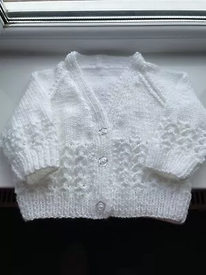 Hand Knitted Baby Cardigan In White Size 3-6 Months • £5.15