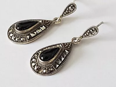 $13.95 • Buy Thailand Sterling Silver Marcasite Onyx Teardrop Post Dangle Earrings