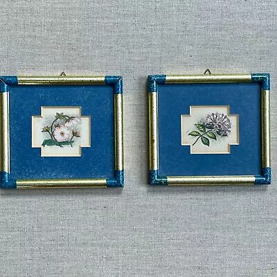 Vintage Small Gold Blue Framed Botanical Hydrangea Strawberry Blossom Prints • $20