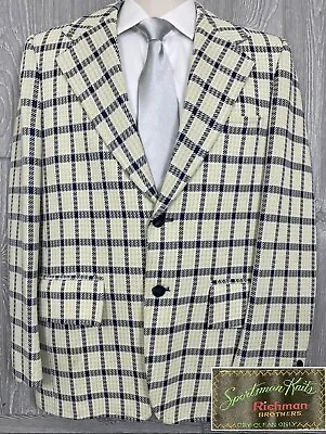 Richman Bros Brothers Yellow Blue Check Plaid Sport Coat Blazer Jacket 40L (t19) • $40