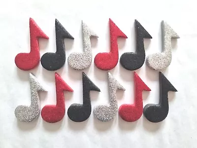 12 Glittery Red Mix Music Notes- Edible Sugar Cake Decorations / Toppers • £4.95