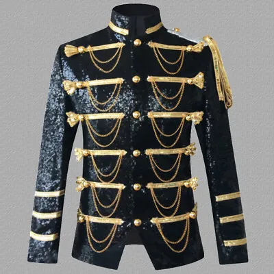 Men Shiny Sequins Hussar Suit Jacket Retro Artillery Military Drummer Top Party • £66.37