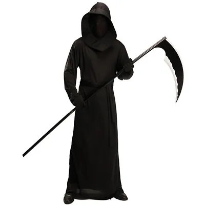 Mens Adult Halloween Costumes Grim Reaper Black Hooded Cloak Cape+ Belt + Gloves • £19.94