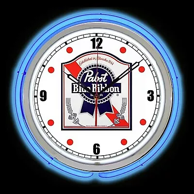 15  Pabst Blue Ribbon PBR Beer Blue Double Neon Clock Chrome Finish Man Cave Bar • $119.99