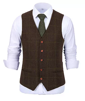 Mens Tweed Wool Vest Retro Windowpane Plaid Vintage Formal Vests M Large XL XXL • $19.99