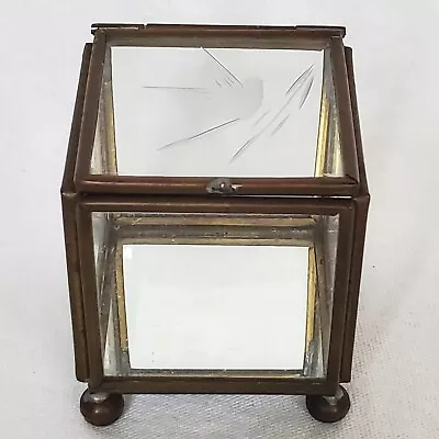 Vintage Brass & Glass Mini Square Etched Bird Trinket Curio Box Mirror Bottom 2  • $12