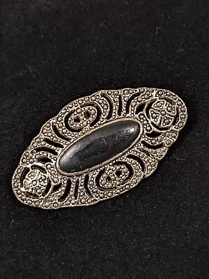 Vintage Silver Tone Open Work Victorian Style Black Enamel Oval Pin Brooch • $9.99