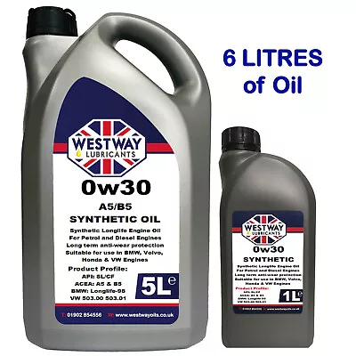 £36.99 • Buy 0W30 A5 B5 Fully Synthetic Engine Oil For Volvo Honda BMW 6 Litres - 6L 
