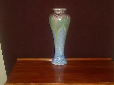 Tall Vandermark Pulled Feather Iridescent Aurene Favrile Art Glass Vase 12 1/2   • $169.95