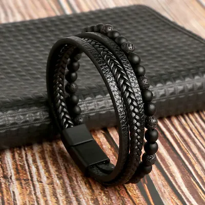 Mens Real Leather Bracelet Braided Wristband Bangle Punk Beaded Surfer Wrap Gift • £5.95