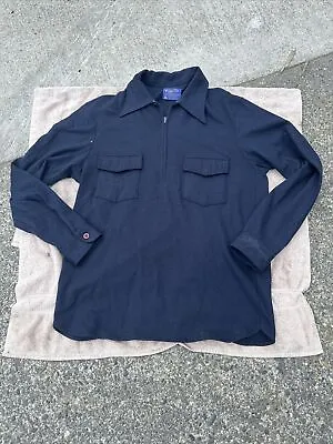 Vintage 60s/70s Pendleton Blue 1/4 Zip Wool Shirt Button Pockets USA Large • $30