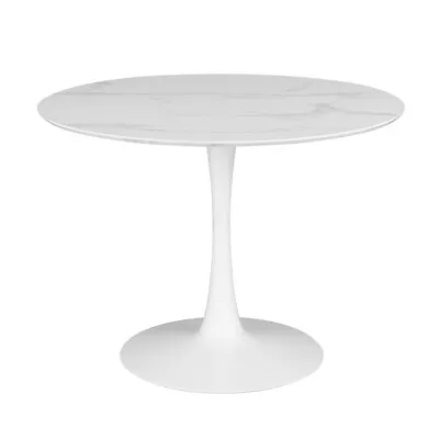 Loxi 40 Inch Round Dining Table White Faux Marble Top Tulip Accent Body - • $854.83