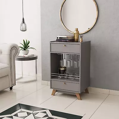 Mini Bar Unit Liquor Cabinet With Stemware Rack 1 Shelf 2 Drawer Gray Color • $287.99