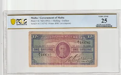 Malta 1943 1 Shilling PCGS Certified Banknote VF 25 Pick 16 • $49.99