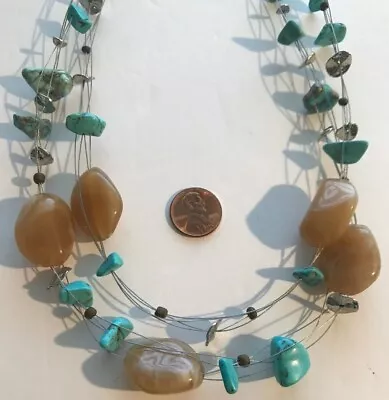 CHICO'S Turquoise & Light Brown Stone Multi Strand Floating Necklace • $17.60