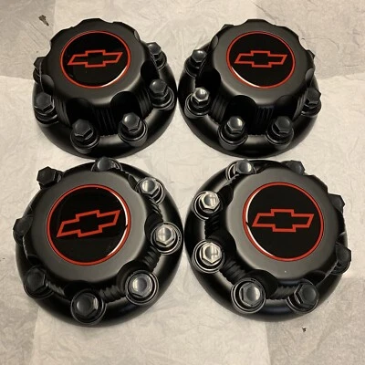 $60 • Buy 4x MATTE BLACK 8 LUGS CENTER HUB CAPS BLACK & RED CHEVY EXPRESS VAN 2500 3500