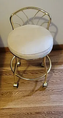 Vintage Vanity Goldtone/Brass Chair Stool Off White Cushion Seat With Wheels • $150