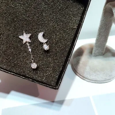 925 Sterling Silver Star Plated Moon Stud Drop Shiny Lovely Earrings Gift  • $6.20