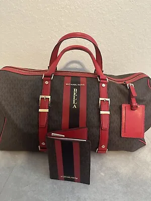 Michael Kors RED BEDFORD TRAVEL XL LOGO STRIPE WEEKENDER BAG + PASSPORT WALLET • $599