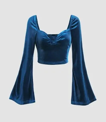 Cider Blue Velvet Flared Slv Crop Top Size M Uk 10/12 Bnwt • £10