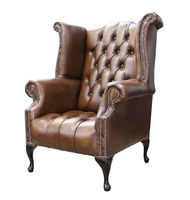 Express Delivery Real Leather BritishMade Stocked Queen Anne Chair Buttoned Tan • £579.95