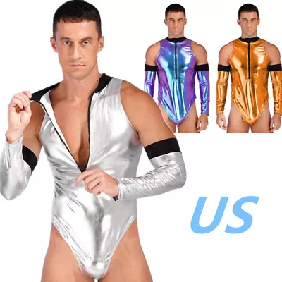 US Mens Shiny Metallic Astronaut Costume Patent Leather Bodysuit With Gloves • $14.19