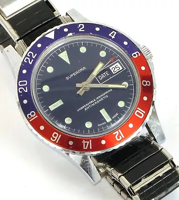 Vintage Beautiful Superoma Pepsi Diver Men's Wristwatch Not Running Nice ! • $295