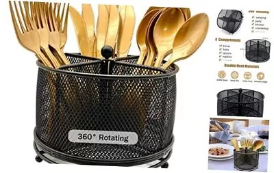 360° Rotating Metal Utensil Caddy - 4 Compartment Silverware Cutlery Black • $29.60