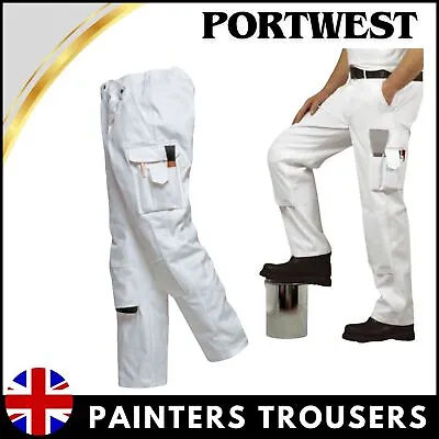 PORTWEST White Painters Trousers Multi-Pocket 100% Cotton Decorators Work Pants • £26.98