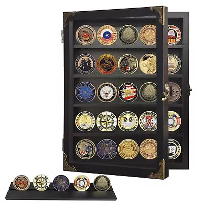 Military Challenge Coin Display Case Lockable Wood Cabinet Rack Holder Black... • $39.88