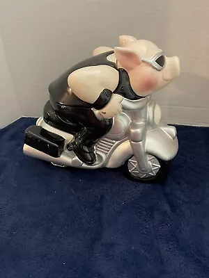 Ceramic Pig Riding Motorcycle Cookie Jar • $50