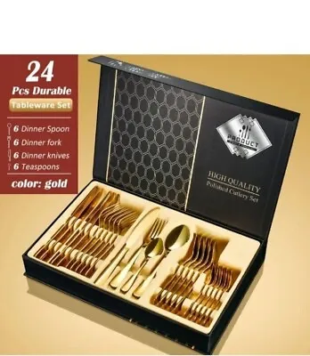 Silverware Gold Set-24-Piece Stainless Steel Cutlery Set Tableware Service For 6 • $32.99