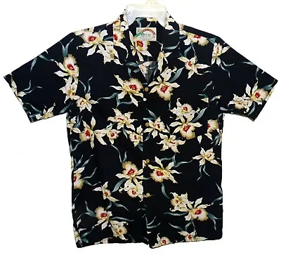 Vin 80s Sz M Paradise Found Hawaiian Aloha Shirt Magnum P.I. Star Orchid Black   • $136.98