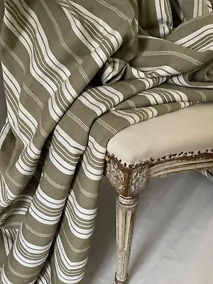 Vintage French Stripe Mattress Ticking Fabric Khaki /Olive Green Linen Fabric • $95