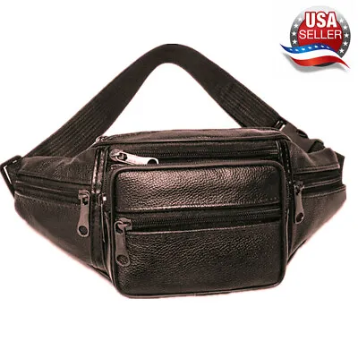 Genuine Leather Fanny Pack Multi Zippered Waist Bag Hip Belt Purse Brown Pouch • $12.99