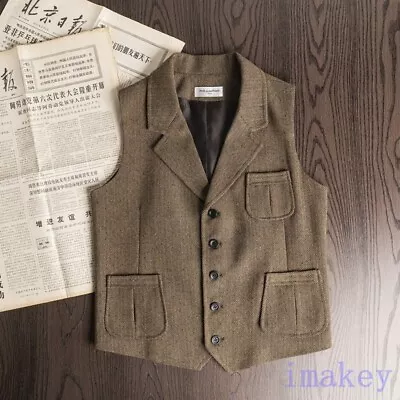 Mens Lapel Collar Tweed Gilet Herringbone Vest Woolen Business Formal Waistcoat • $46.48