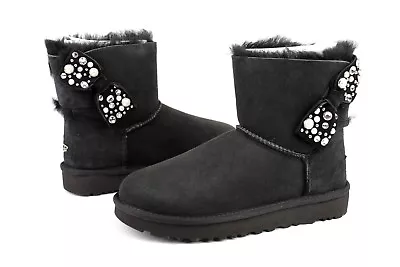 Ugg Mini Bailey Bow Brilliant Black Bling Suede Sheepskin Boots Size 5 Us • $111.97