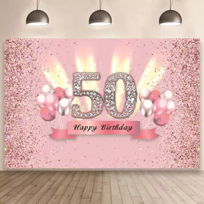 Pink Fifty Happy 50th Birthday Backdrop Photo Background Banner Party Decor • £11.87
