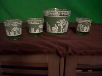 Vintage Wedgewood Green Jeanette Jasperware 3 Drinking Glasses And Ice Bucket  • $25