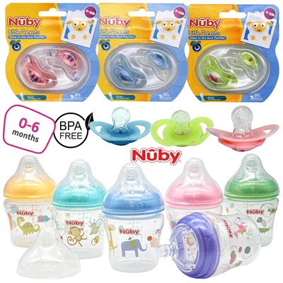 £11.39 • Buy Nuby 180ml Slow Flow,Anti Colic Baby Bottles+Glow In Dark Dummy Soothers-4Pk,0+M